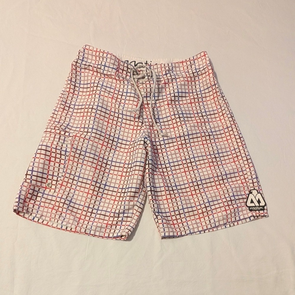 Matix Mens Board Shorts Size 32 White Red Blue Grid Plaid Swim Trunks Surf